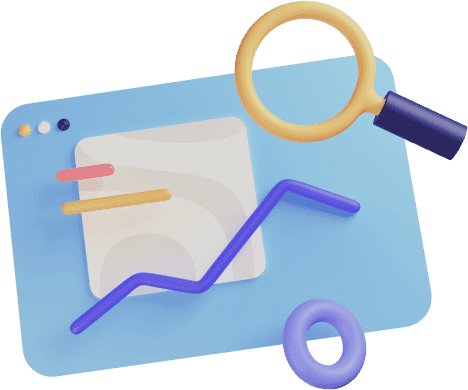 3D illustration of data analysis with a magnifying glass and graph on a website.